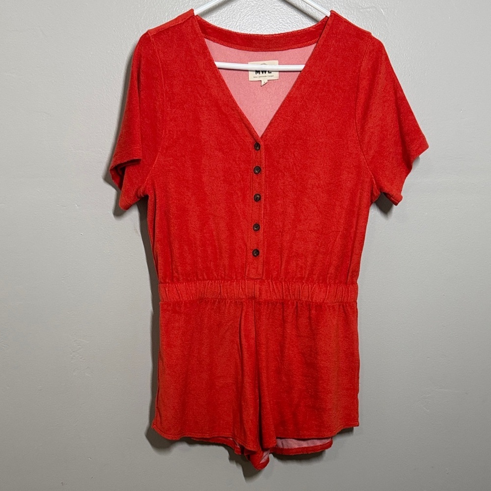 Madewell Red Short-Sleeve V-Neck Terry Romper